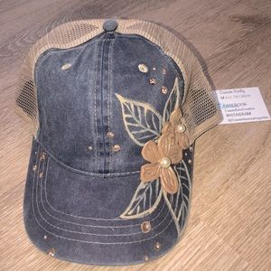 Custom painted hat with floral and Pearl detail